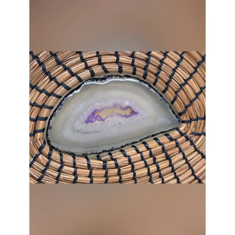 Handmade Pine Needle Basket Featuring a Polished Purple Agate Stone Center Base